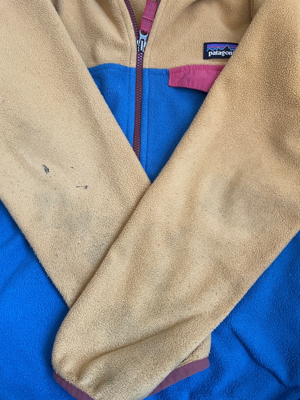 Patagonia Colorblock Fleece Hoodie in Mustard, Blue & Pink Accent - Picture 6 of 6